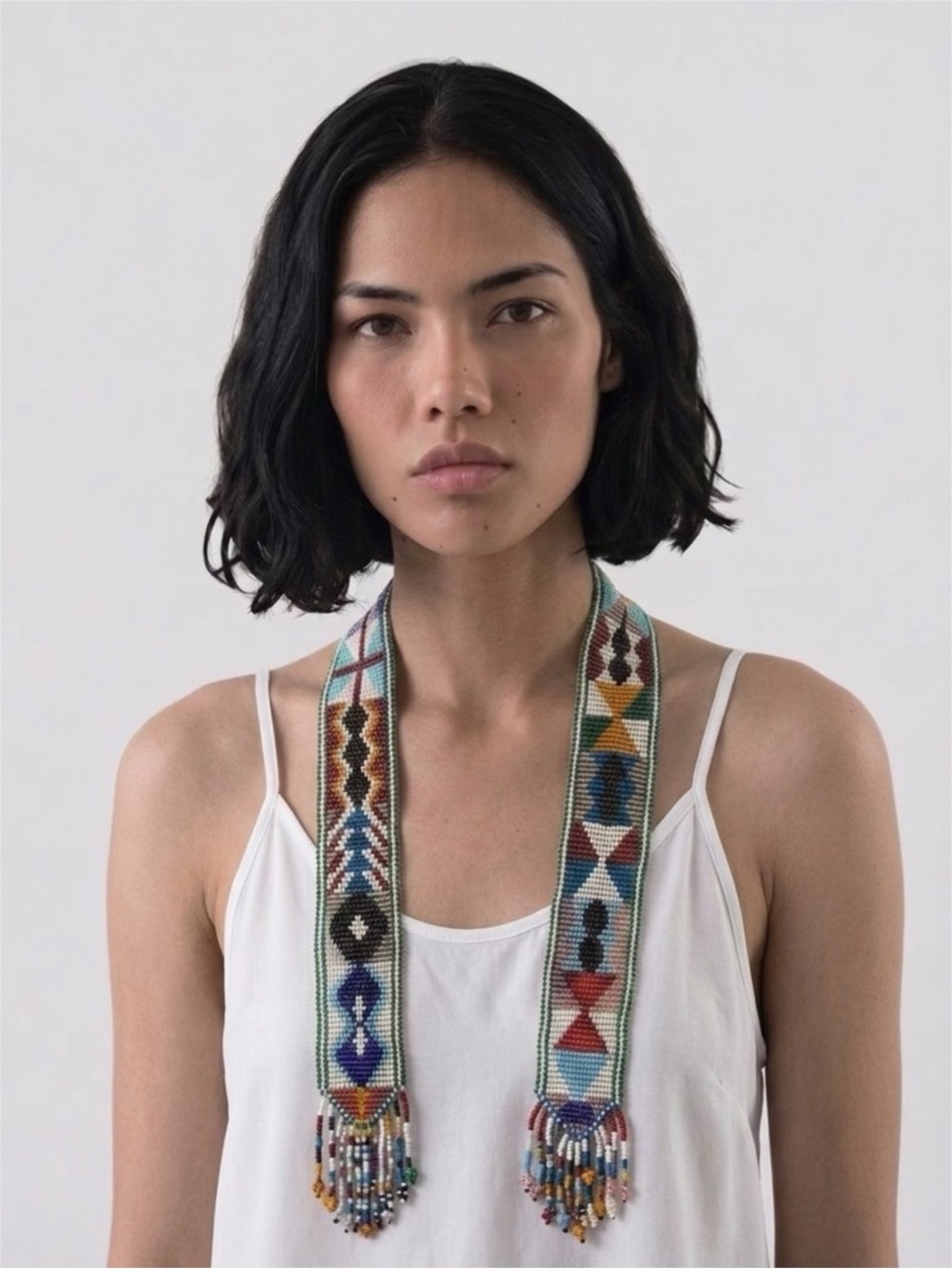 SOUTHWEST NATIVE AMERICAN BEADED GEOMETRIC NECKLACE WITH TASSEL